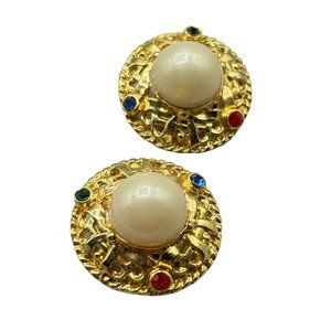 Pearls & Rhinestones Clip Earrings Gold Tone Round Domed Buttons Red Green Blue